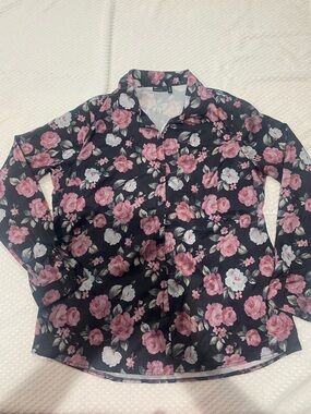 Floral Button-Front Blouse in Black with Pink Rose Print